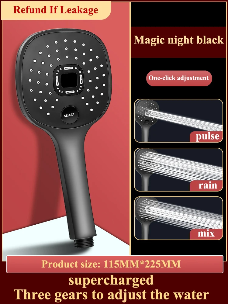 Rainfall Shower Head 3 Mode ABS Round High Pressure Turbo Spray Nozzle Adjustable Black Eco Shower Bathroom Accessories FR101