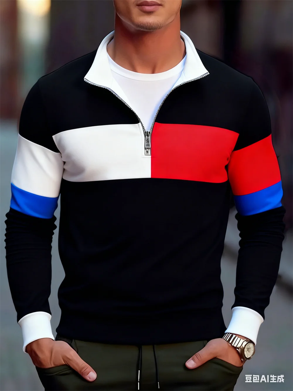 

3D Print Color Block Pattern Zipper Sweatshirt Autumn Winter Fashion Half Zip Pullover Tops Outdoor Street Loose Casual Clothing