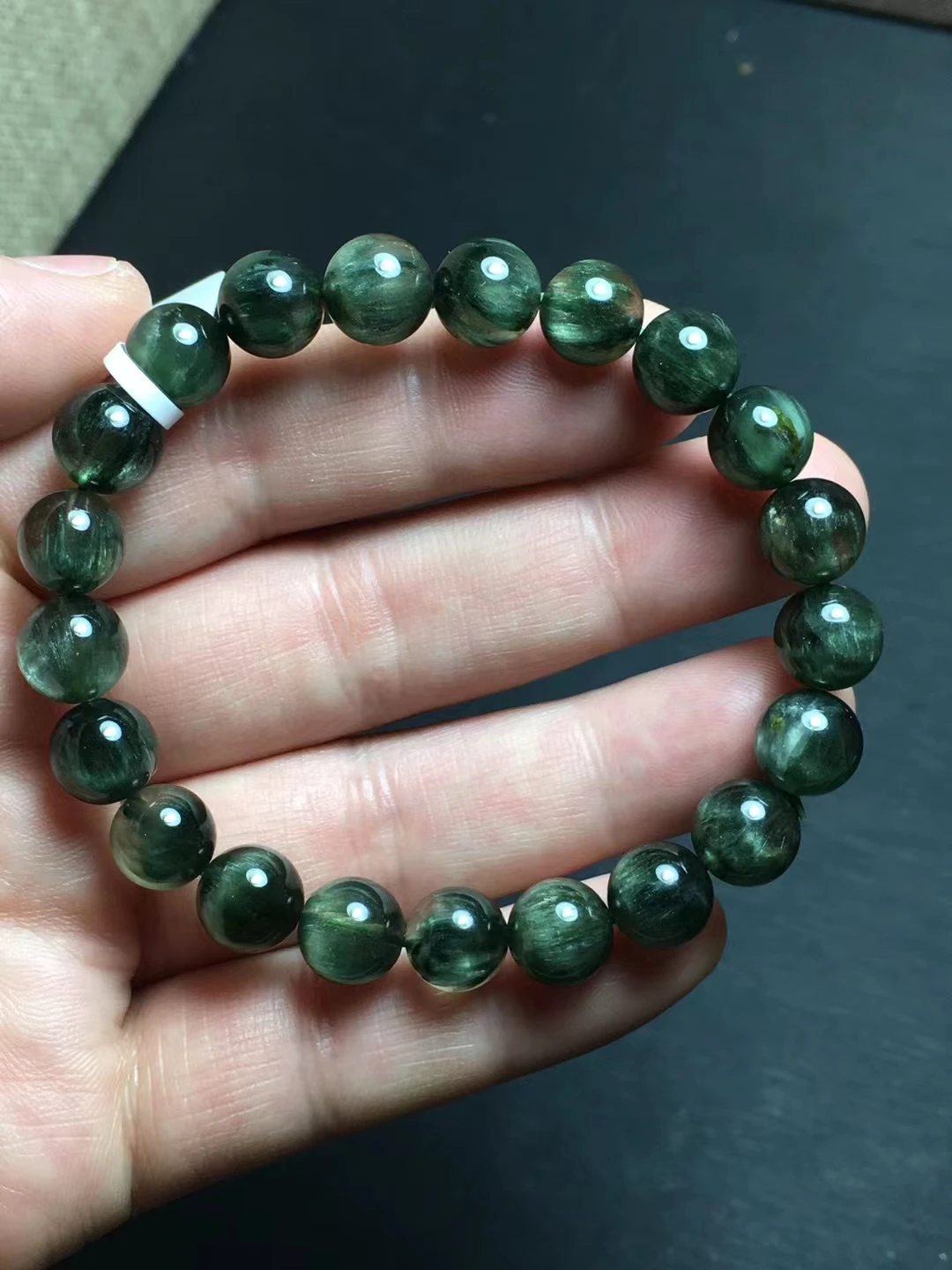 

Natural Green Rutilated Quartz Cat Eye Bracelet Brazil 9mm Stretch Crystal Fashion Round Beads AAAAA