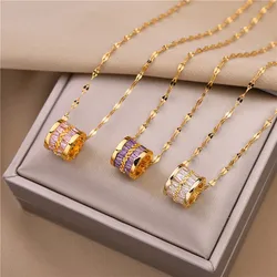 ZAKOL Y2K Stainless Steel Round Pendant Necklace For Women Girls Korea Style Beautiful Gold Color Metal Crystal Jewelry On Neck