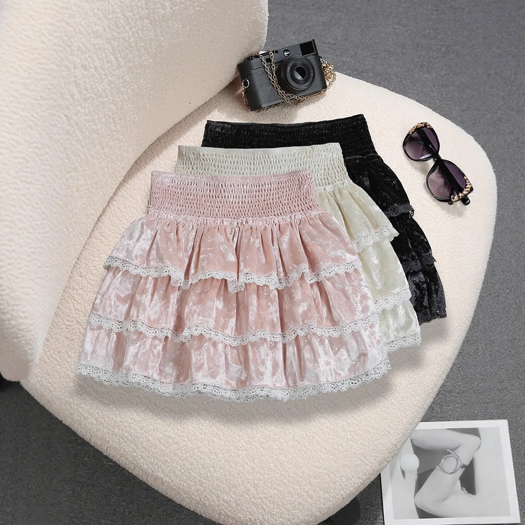 

Милая кружевная юбка-торт, корейская женская эластичная талия, анти-легкая золотистая бархатная пышная юбка