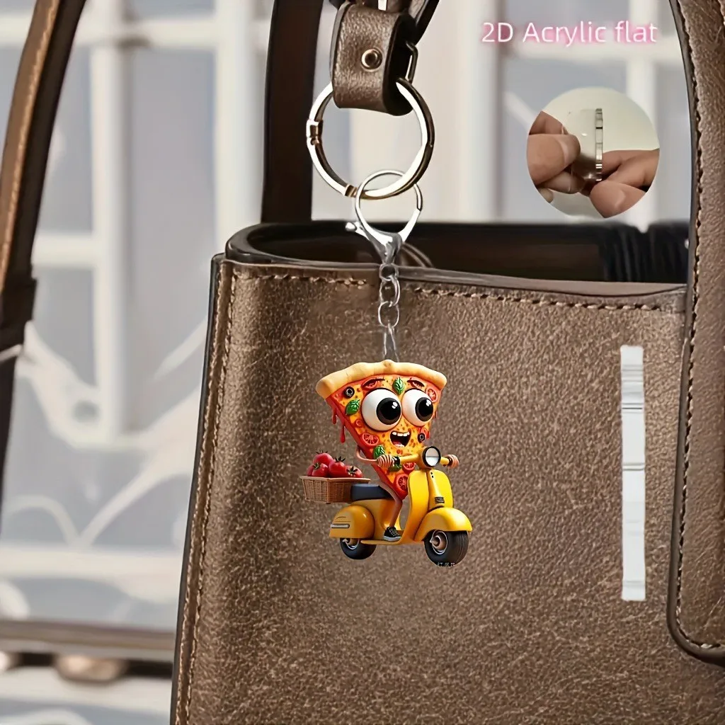 2D Flat Pizza Rider Keychain Acrylic Pendant Key Chain Accessory Bag Charm Cartoon Pendant