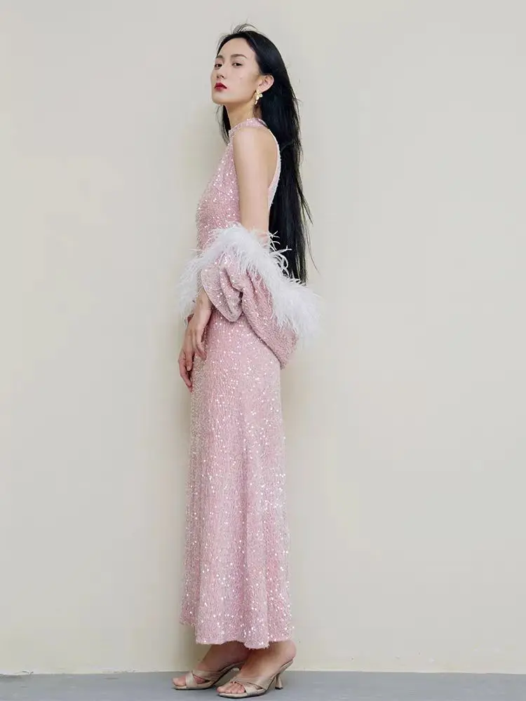 Autumn Sexy Halter Feather Sequined Dresses Long A-line Ankle-length Pink Women Formal Gowns 2024 Elegant Party Dress