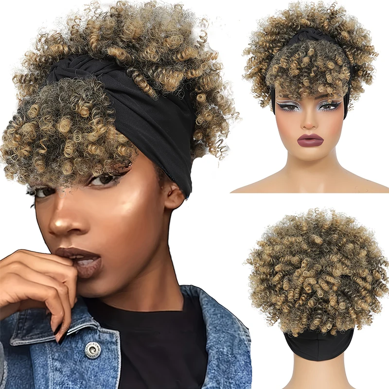 Afro Kinky Curly Headband Wig Short High Puff Curly Wig with Headband Attached Synthetic Afro Curly Scarf Wigs for Black Women