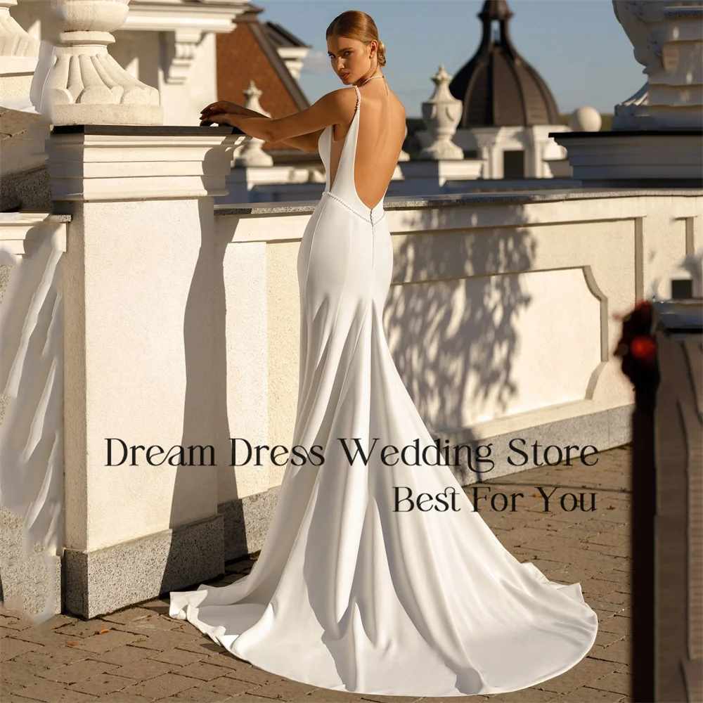أنيقة حورية البحر الديكور فستان الزفاف المرأة الخامس الرقبة مفتوحة الظهر السباغيتي الأشرطة شال فستان زفاف Vestidos De Novia مخصص