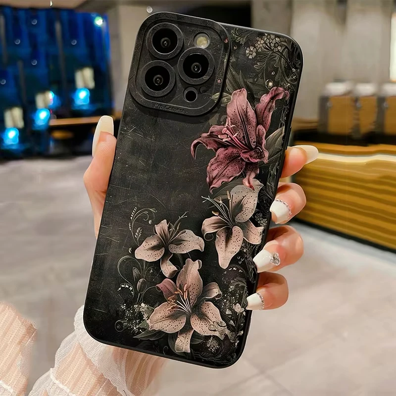 Flower Vintage Floral Black Background Shockproof Phone Case For iPhone 11 12 13 14 15 16 Pro Max XS X XR 7 8 Plus 16e 16 Cover - náhled 2