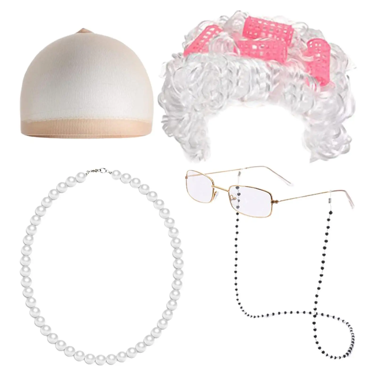 

Old Lady Costume Set Old Lady Wig Set Eyeglass Chain for Halloween Party Holiday