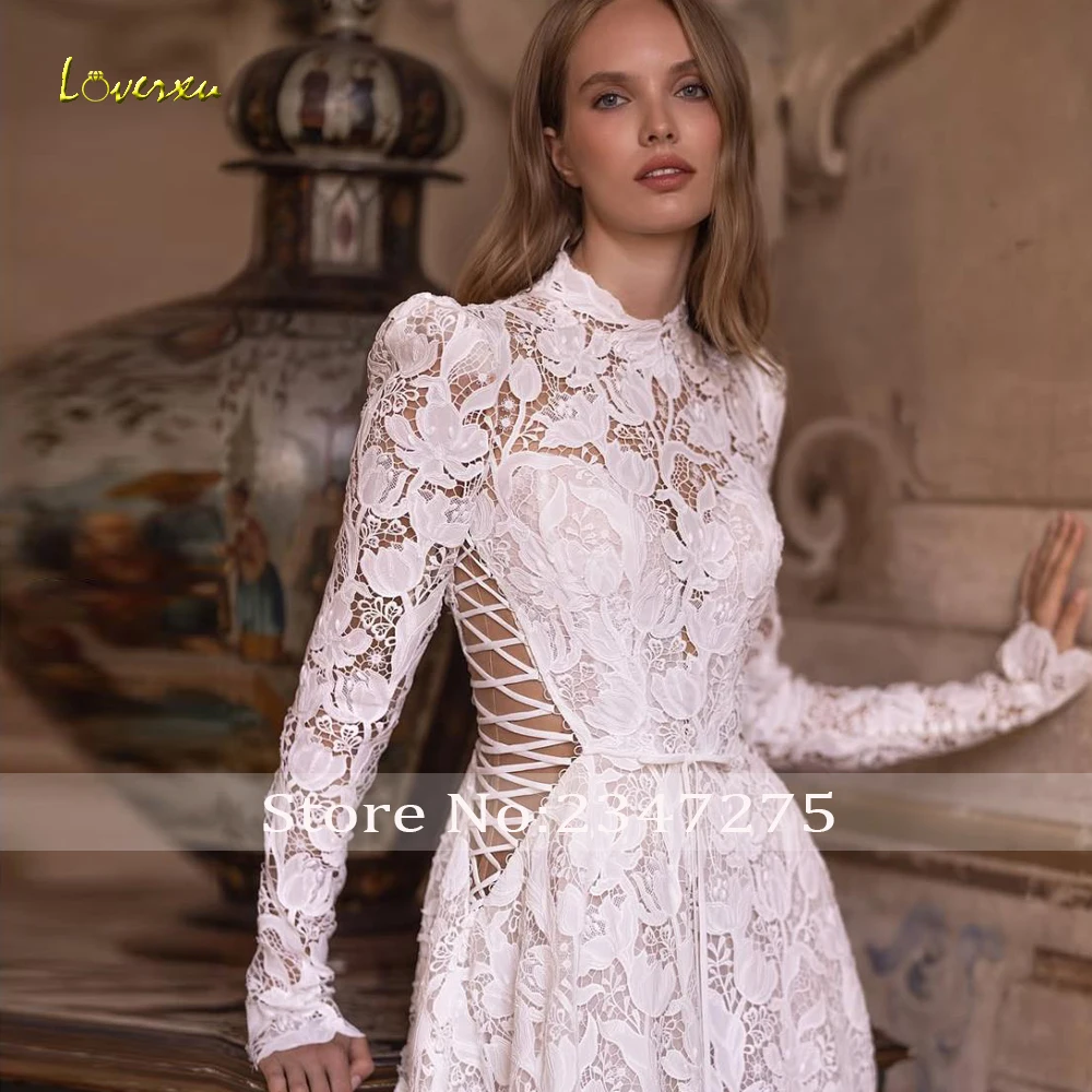 Loverxu A-Line Stunning Wedding Dresses For Women High Neck Vestido De Novia Lace Embroidery Elegant Custom Made Bridal Gowns