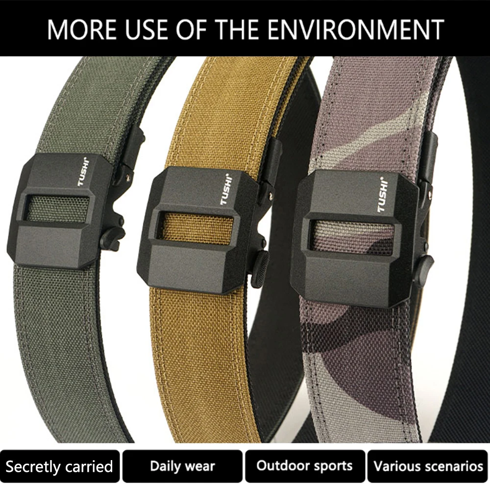 Tushi cinto tático duro para homens, fivela automática de metal, nylon grosso, cinto militar de polícia, cinto casual, cinto ipsc masculino