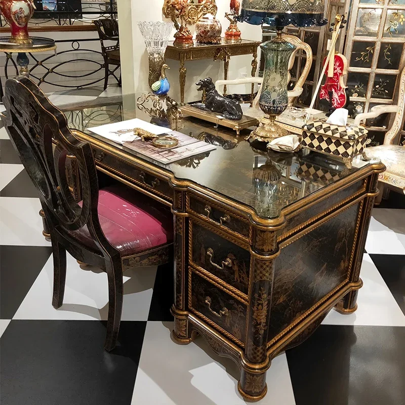 

French luxury Chinese style painting gold villa heavy industry black full of hand-painted desks, chairs, bookcases