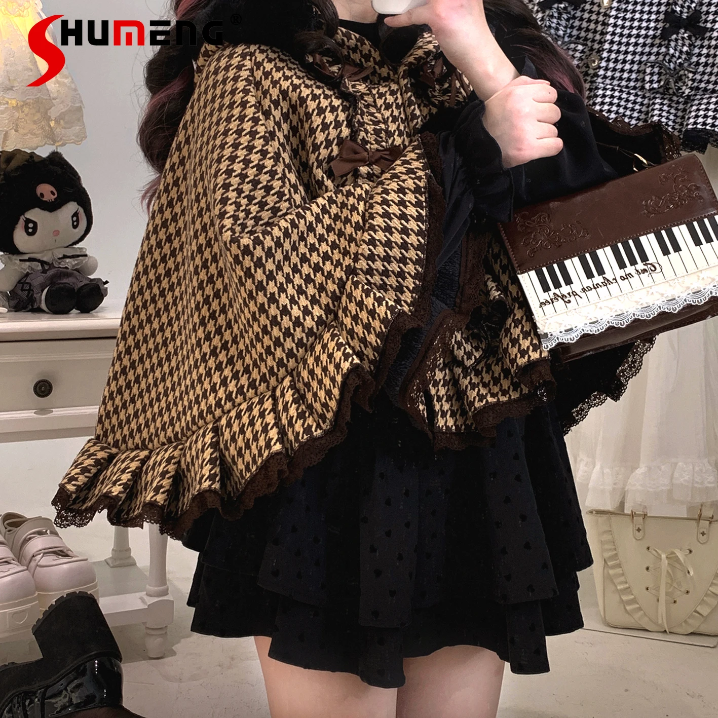 

Original Mine Brown Plaid Lolita Hooded Cloak Winter New Girl's Cute Bow Plush Warm Y2K Capes Ponchos Japanese Short Jacket 2025