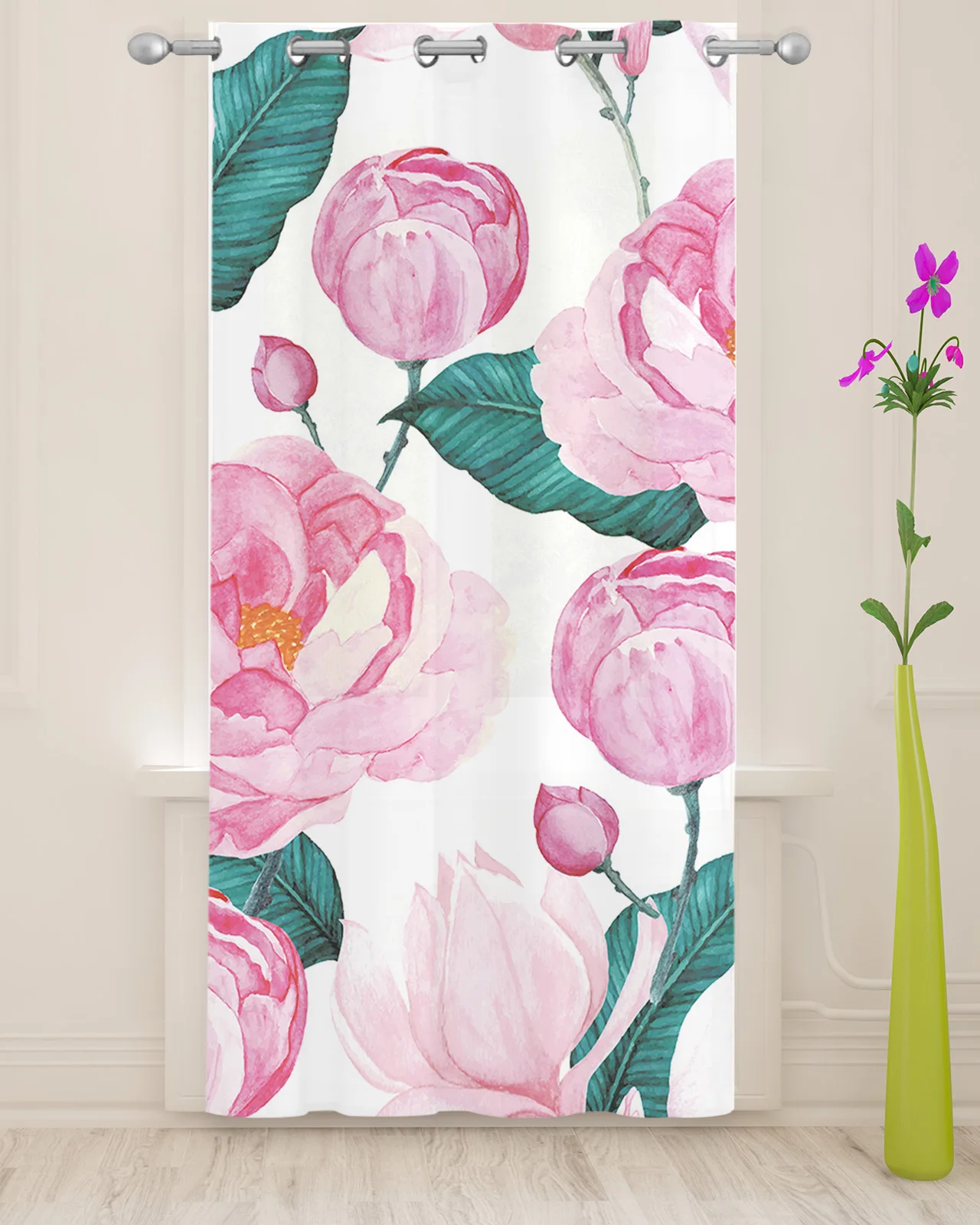 Pink Flower Spring Bloom Sheer Curtains for Living Room Printed Tulle Window Curtain Luxury Home Balcony Decor Drapes