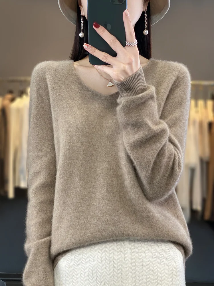 

Autumn Winter Women 100% Pure Merino Wool Sweater Seamless V-neck Pullover Basic Casual Cashmere Knitwear 20 Colors Top Clothing