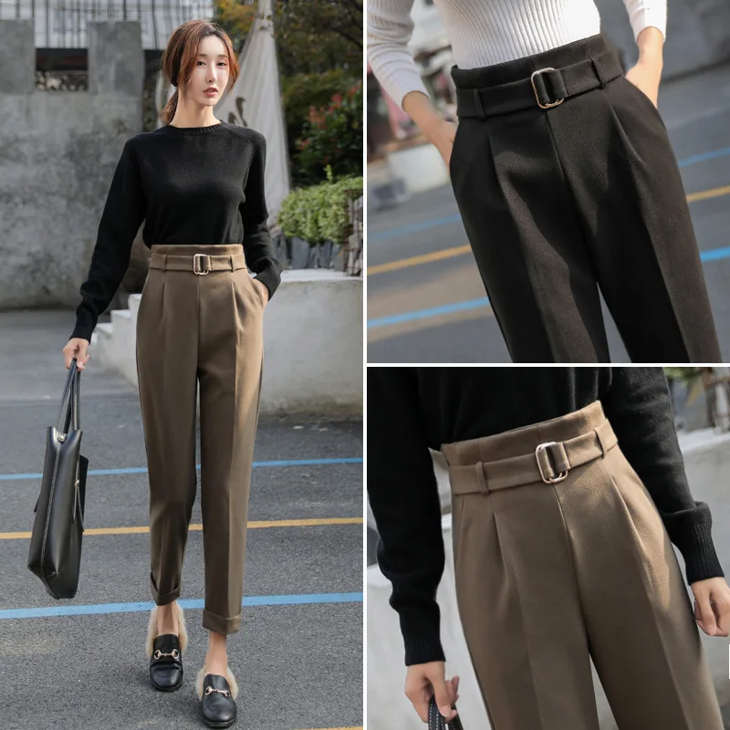 

Woolen Harem Pants Women's Autumn and Winter 2021 New Korean Style High Waist Thin Baggy Pants Loose Straight Ankle-Length Suit