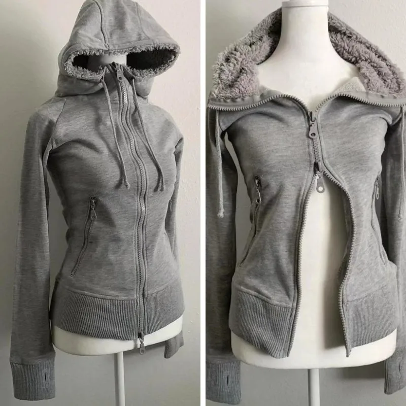 Y2k Retro Wool Zipper Hoodie with Front and Back Zip Solid Color Cotton Cardigan Stylish Women Fitted Sports Jacket Lined Hoodie