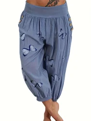 Damskie spodnie Plus Size 1XL-5XL Casual Wygodne spodnie Capri Moda Butterfly Print Button Pocket Capri Pants