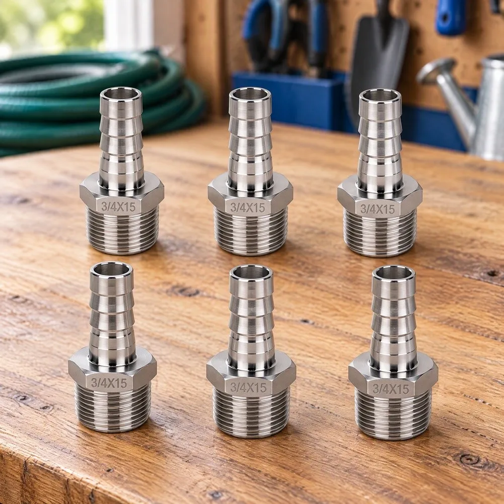 6 Piece 304 Stainless Steel Barbed Fitting Kit with 3/4 Inch NPT Male Thread Designed for Home Brew Plumbing Use