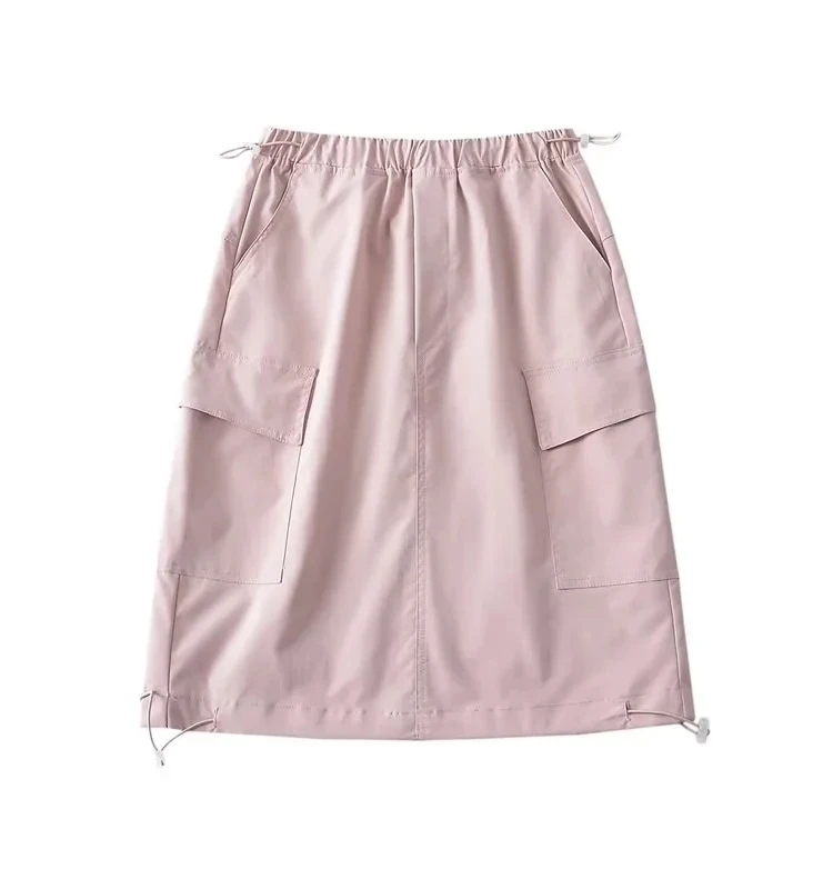 กระโปรงทรงเอเอวสม็อคสไตล์อเมริกันเรโทรสำหรับผู้หญิง ใส่ทำงานได้ ใส่เที่ยวได้ ใส่ได้หลายโอกาส ช่วยให้ดูผอมเพรียว เหมาะกับฤดูร้อน ความยาวห้าส่วน พร้อมเชือกผูกเอว
