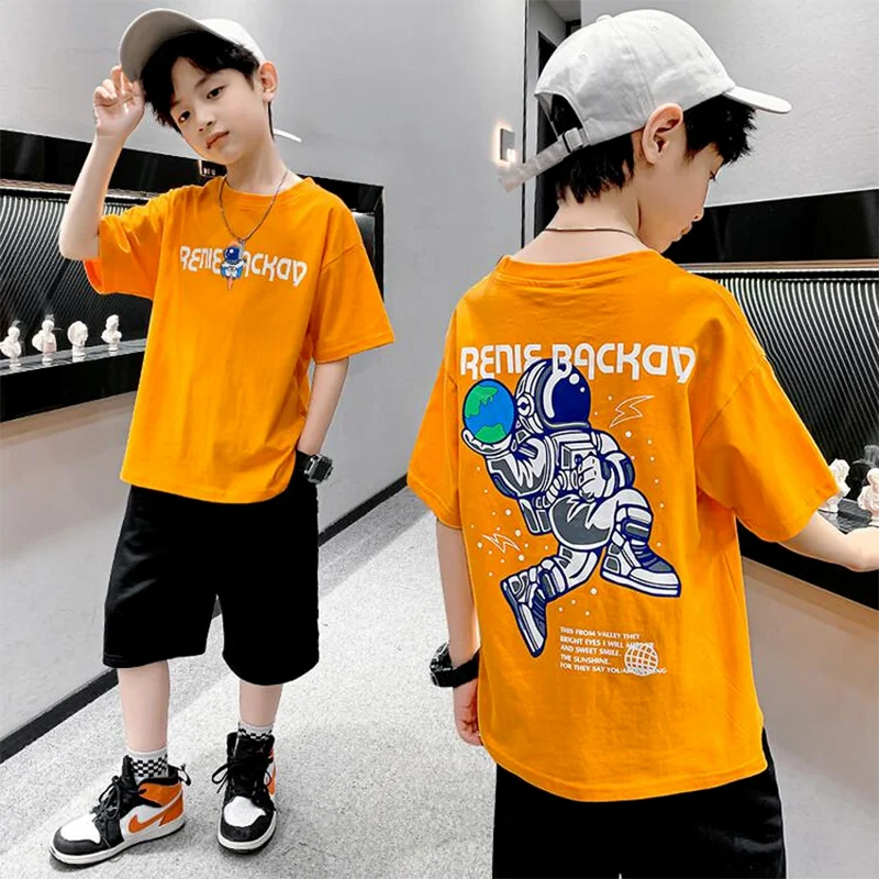 Summer Kids Clothes Streetwear Print Astronaut T Shirt Short Sleeve Tops Tees Boys Girls Clothes 100%Cotton T Shirts Children