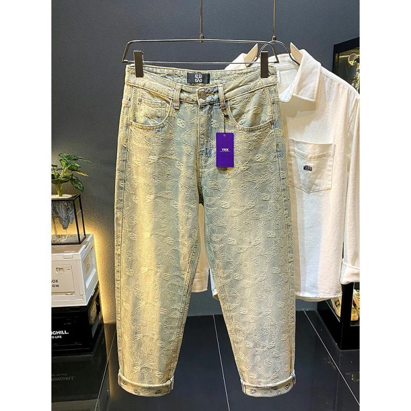 

New Loose Straight Tube High-End Trendy Brand Cool Casual Pants For High Street Vibe Full Printed Jacquard Jeans For Men