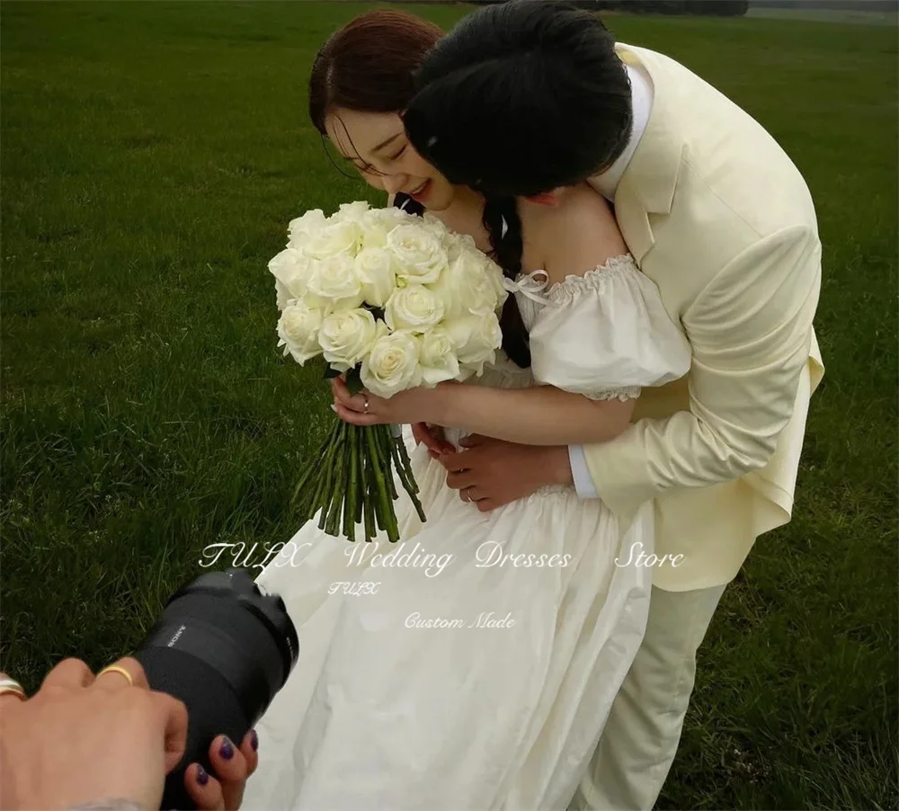 TULX Korea Garden Photoshoot Strapless Pleat Wedding Dresses A-Line Puffy Sleeves Taffeta Pretty Bride Gowns Corset 웨딩드레스 Custom