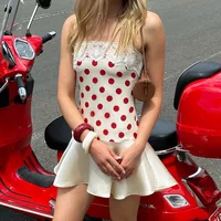 Lace Polka Dot Mini Skirt Sexy Patchwork Backless Slim Fit Camisole Dress Summer Fashion Retro Pure Desire Satin Soft Skin-Friendly A-Line Party Vacation Dress