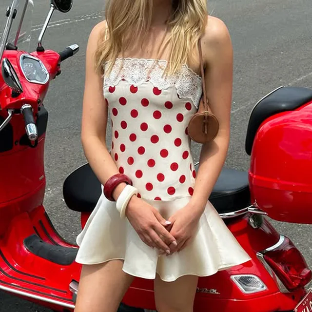 Lace Polka Dot Mini Skirt Sexy Patchwork Backless Slim Fit Camisole Dress Summer Fashion Retro Pure Desire Satin Soft Skin-Friendly A-Line Party Vacation Dress