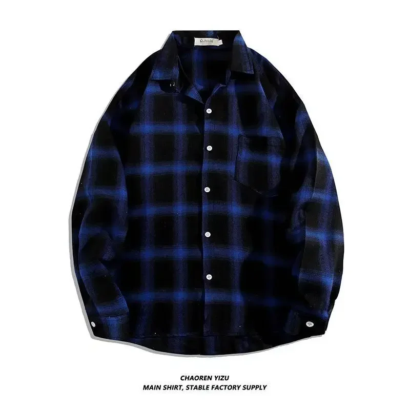 Vintage Plaid Shirts Oversize Basics Long Sleeve Turn-down Collar Pocket Loose Single Breasted Casual Thin Coat