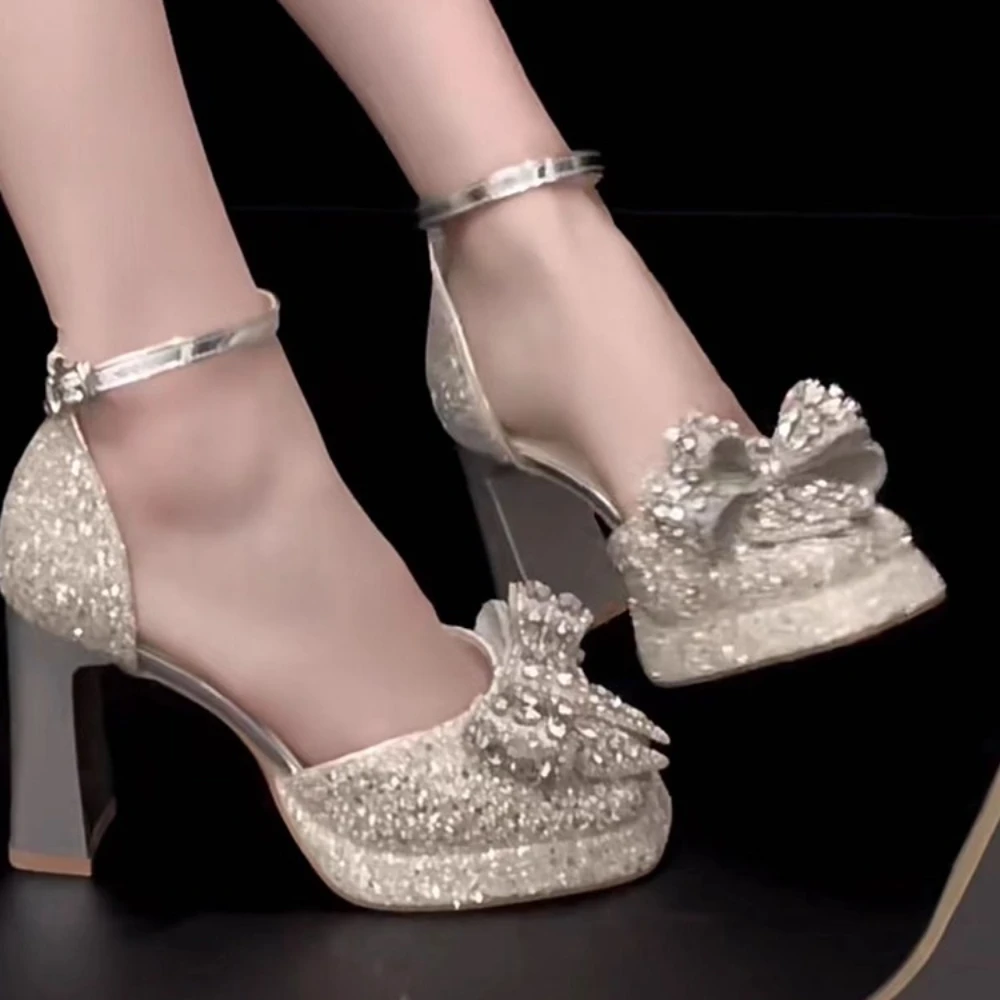 

Mary Jane Shoes for Women's Rhinestone Sparkling Wedding Shoes Bridal Shoe Thick Sole Waterproof Platform Chunky Heel High Heels