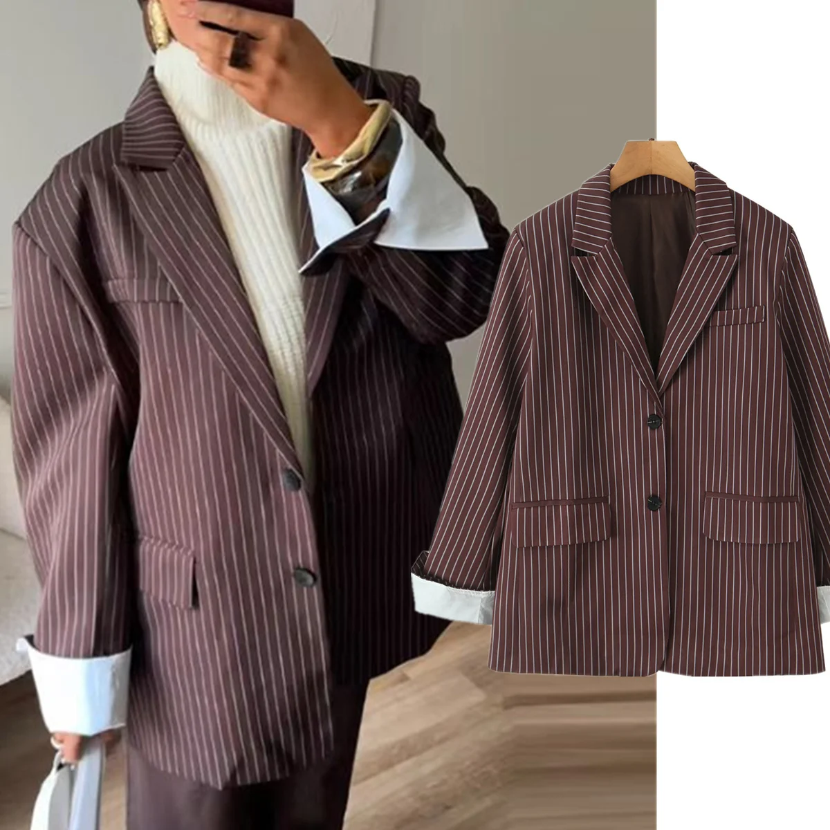 

Maxdutti женская одежда топы французский минималистичный винтажный коричневый полосатый свободный пиджак куртка повседневный пиджак женский