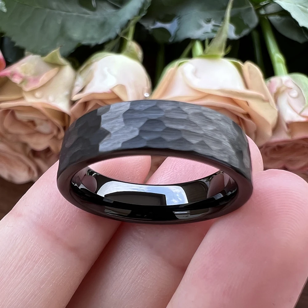 6mm Wolfram karbid ring vielfältig gehämmert für Männer Frauen Verlobung Ehering gebürstet fertig Komfort Passform – Detail 1