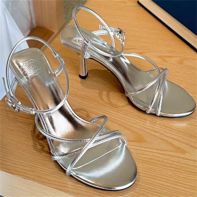 

Crossover Strap Shoes for Ladies Round Toes High Heels Female Sandals Buckle Tacones Chassure Femme Sewing Lines Zapatos Mujer