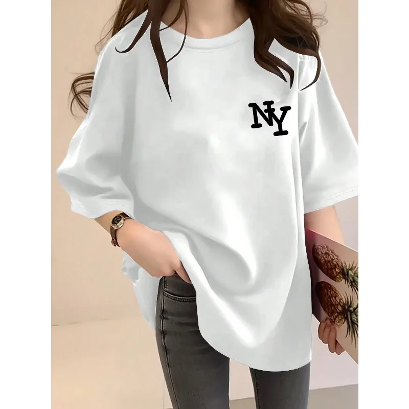 Women's Black New York NY Letter Printed Loose Round Neck Short Sleeve T-shirt Casual Fashion Cotton Women's Trendy T-shirt