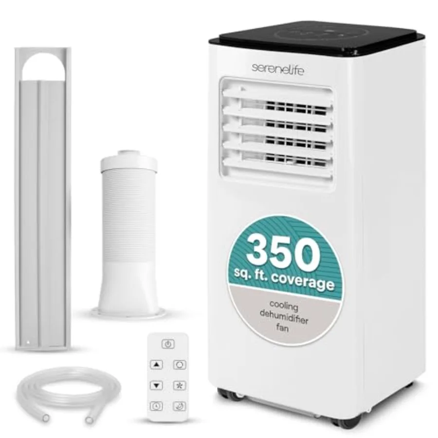 Portable AC for rooms up to 350 sq ft: 8000 BTU, 3-in-1 cooling/dehumidifying/fanning,compact single-duct design, black plastic