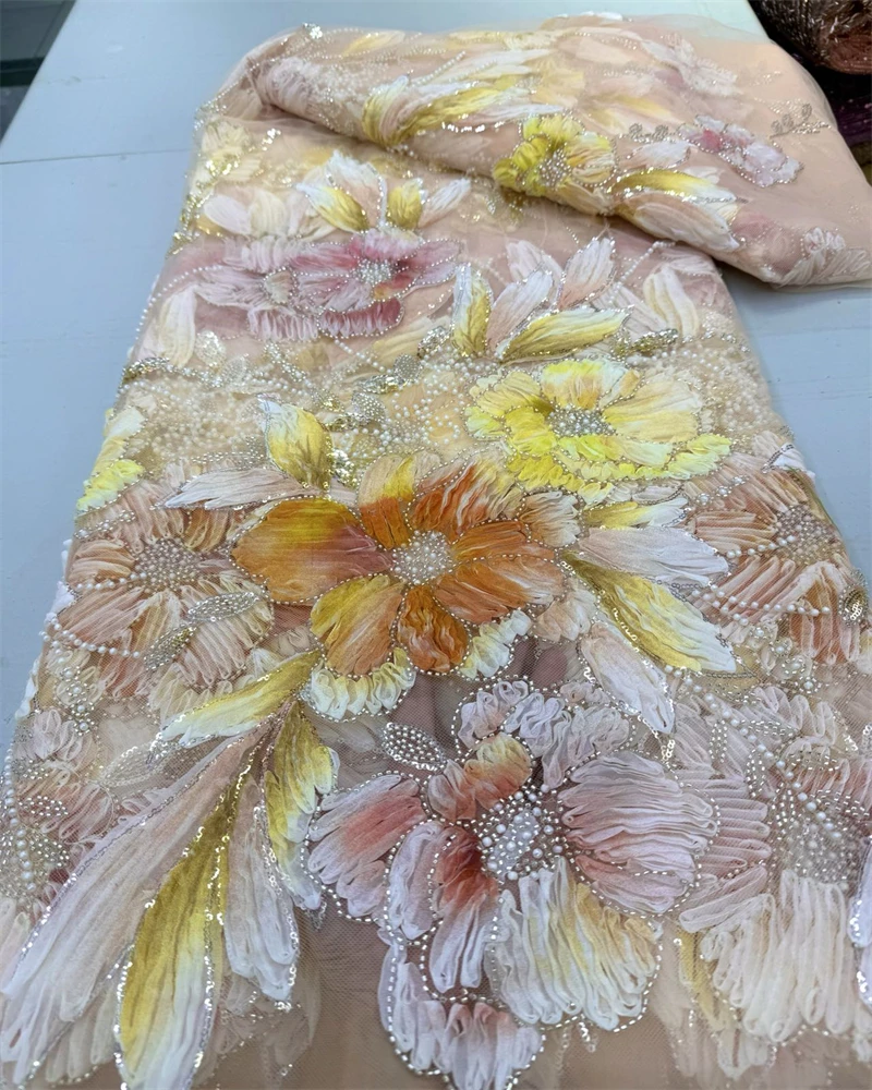 

Новейшее африканское французское кружево из тюля с 3D цветами, африканское кружевное полотно, 5 ярдов, вышивка, нигерийское кружевное полотно для свадьбы