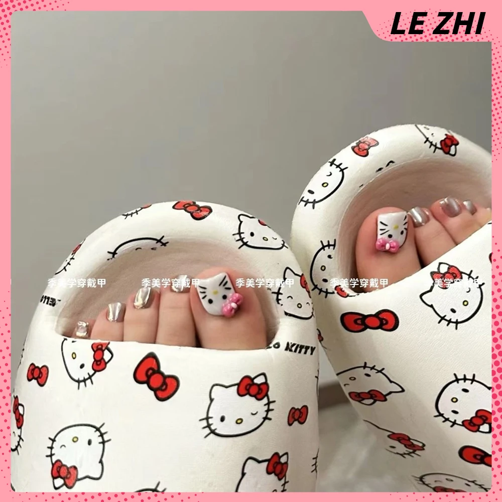 Handmade French Hello Kitty Toenail Diamond Flower Glitter Simple Bowknot Press On Toenails Art Full Cover Nails Stickers