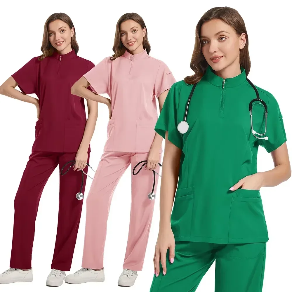 High-quality hospital nursing suits, medical clinic uniforms for men and women, high-necked zipper  frosted tops,