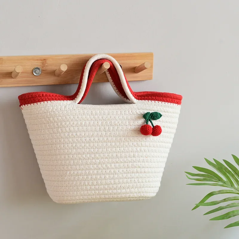 Hot Selling 2024 Little Cherry Handbag Cotton Knitted Handbag Beach Vacation Bag Tote Bag Handheld