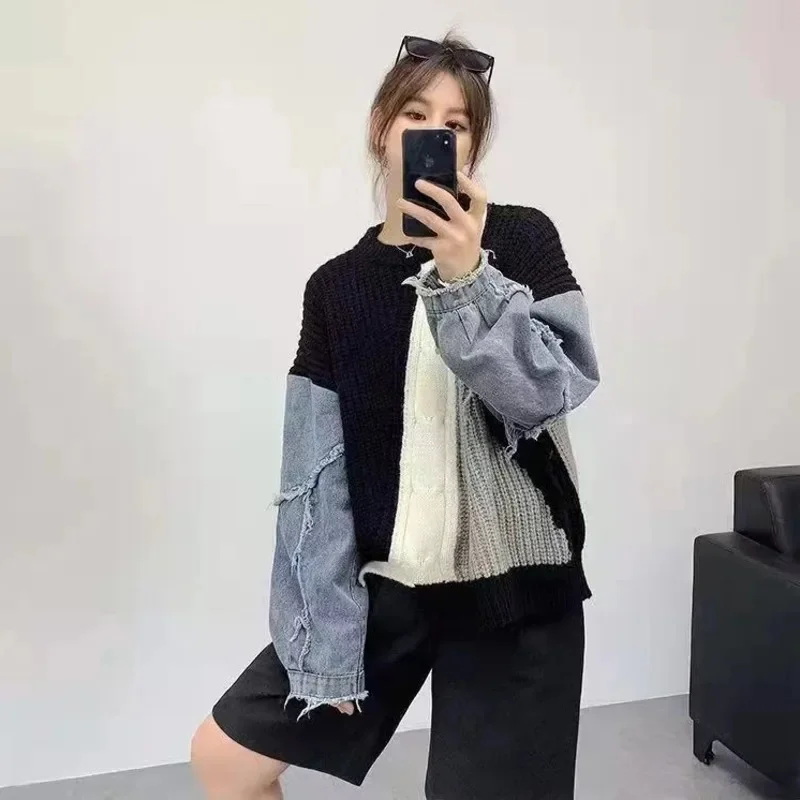 Autumn And Winter Denim Patchwork Sweater Women's Casual Pure Cotton Knitted Color Blocked Pullover Fashionable Loose Warm Top