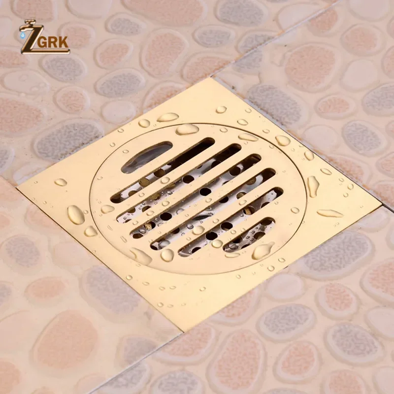 

ZGRK Floor Drains 10*10cm Square Brass Color Bathroom Kitchen Drain Cover Strainer Deodorant Linear Drain Grate Waste