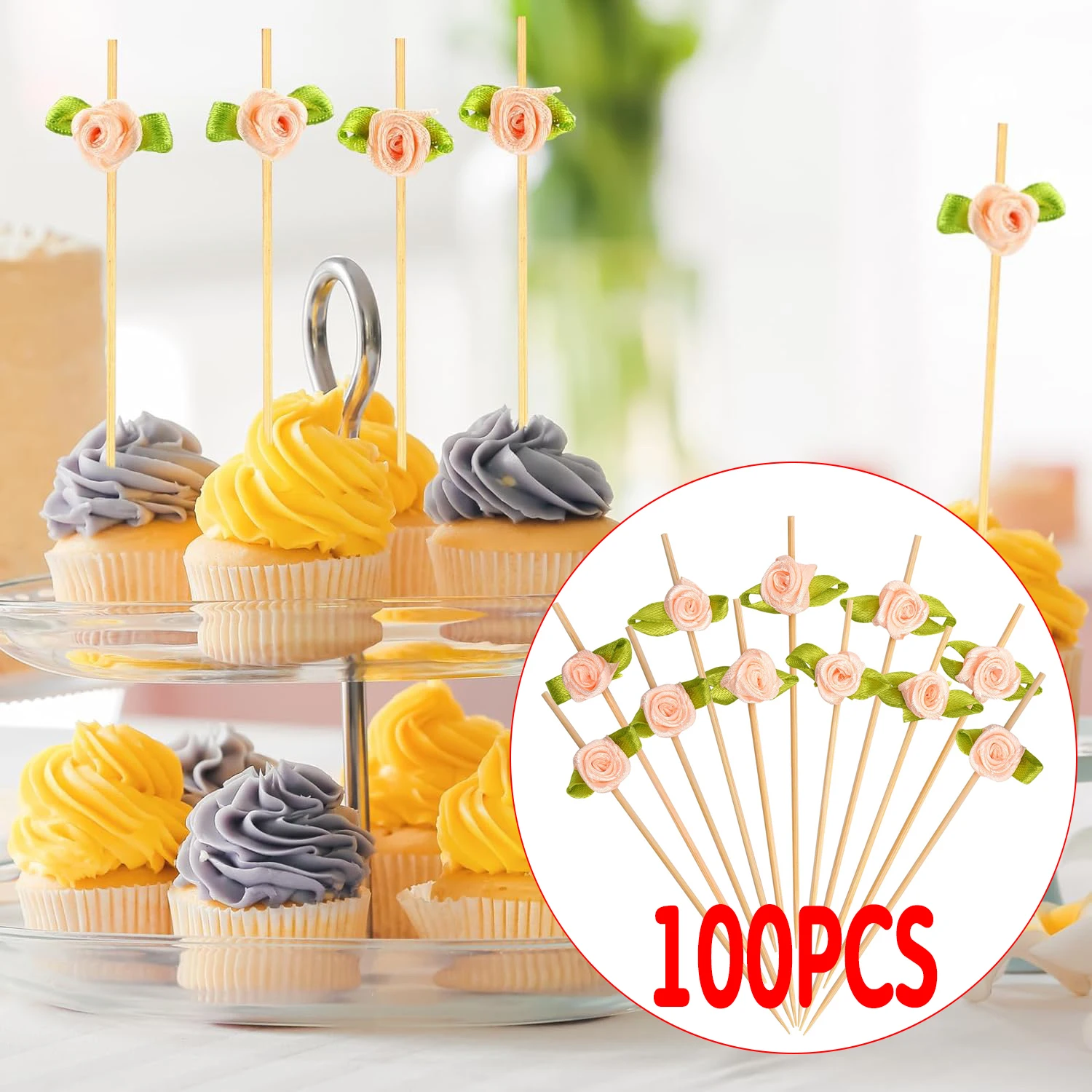 

100pcs Disposable Sticks Bamboo Appetizers Skewers Long Flower Toothpicks Fruit Sandwich Sticks for Wedding Birthday