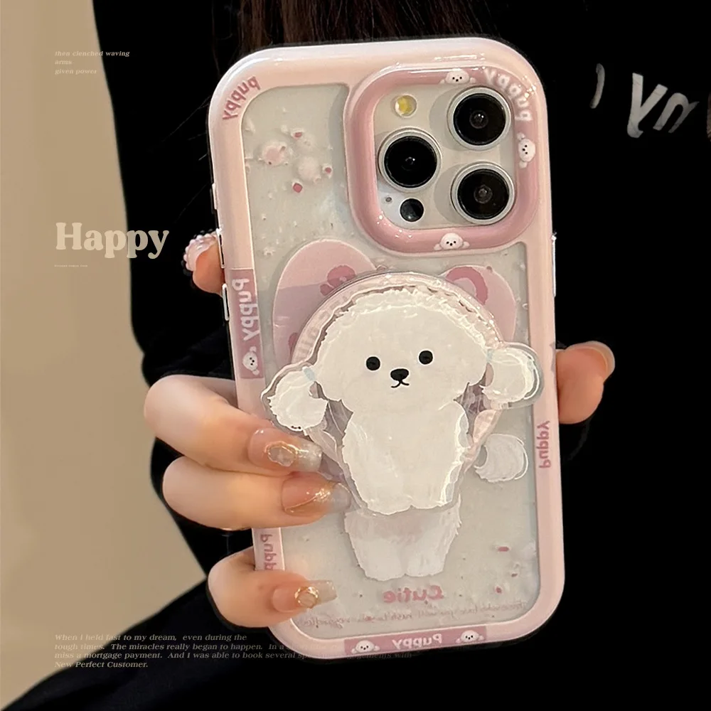 

Cute Pink Puppy Magnetic Stand Holder Wireless Charge Case For iPhone 13 14 12 11 15 16 Pro Max Shockproof Back Cover