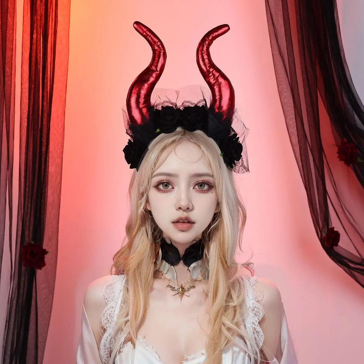 

Red Devil Horns Headband Halloween Hairband Gothic Hair Hoop Large Adult Cosplay Head Wear for Party Costume