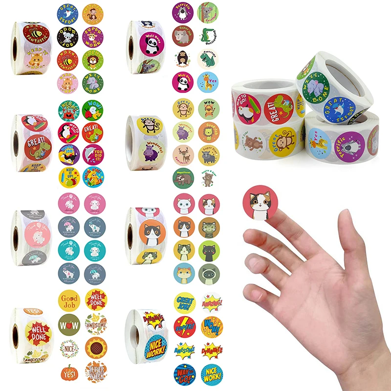 

Круглые наклейки с наградами, 2/4/6/8 рулонов, самоклеящиеся, смешанные, 500 шт./рулон, наклейки с буквами мультфильмов и животных, подарок для детей, студентов, учителей ZYF