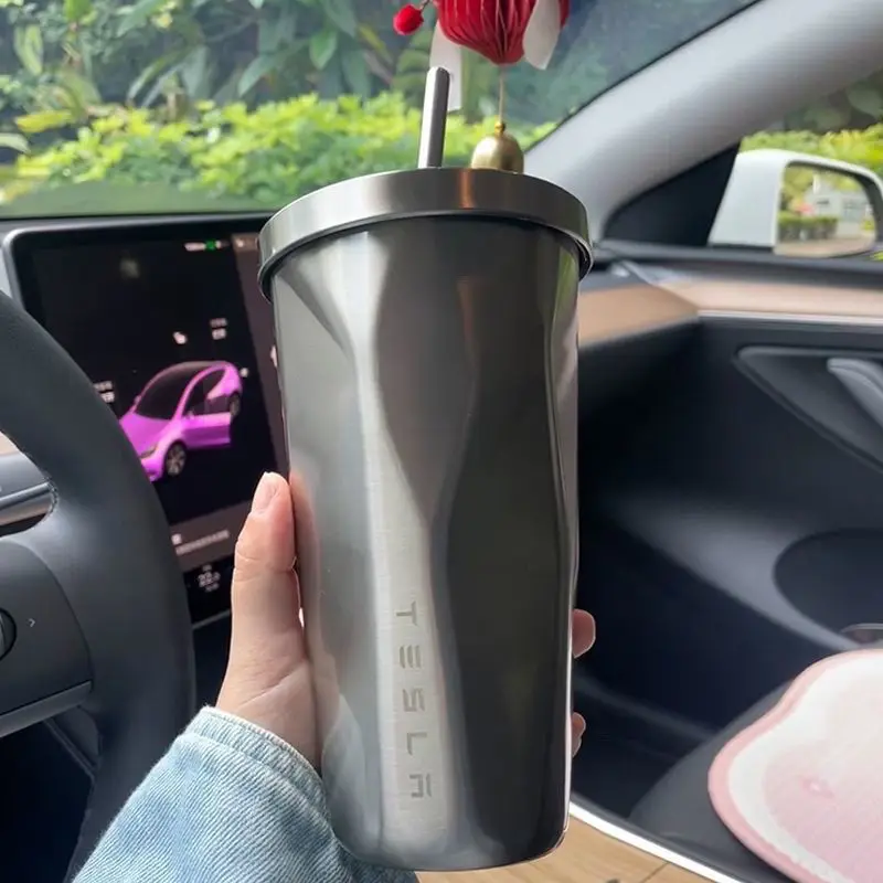 For Tesla Car Water Cup 304 Stainless Steel Coffee Cup Insulated Straw Cup Large Capacity silver reflective accessories