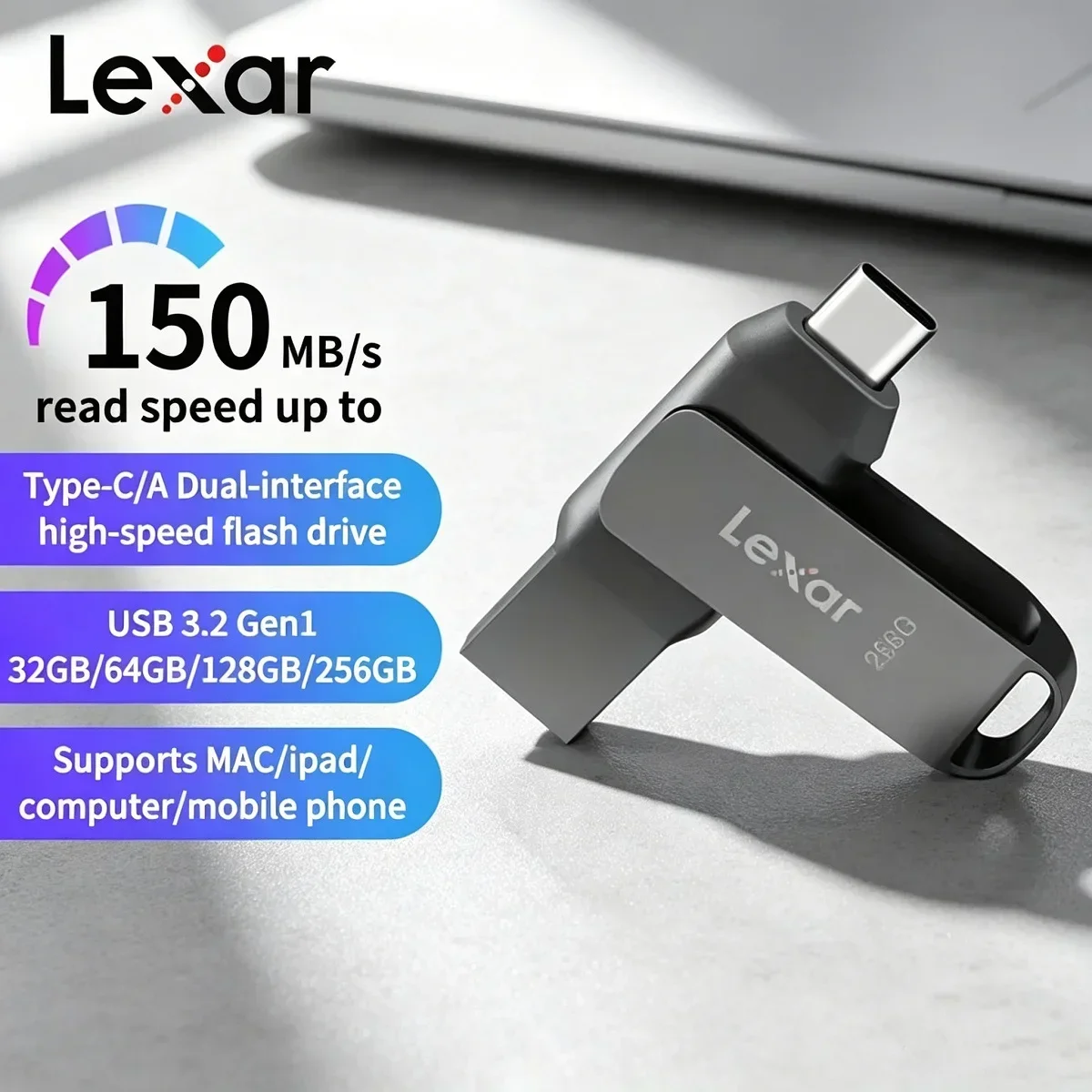 Lexar D400 Dual Port Metal Flash Drive USB 3.1 Type-C 130MB/s 32GB 64GB 128GB 256GB for Computer Mobile Phone