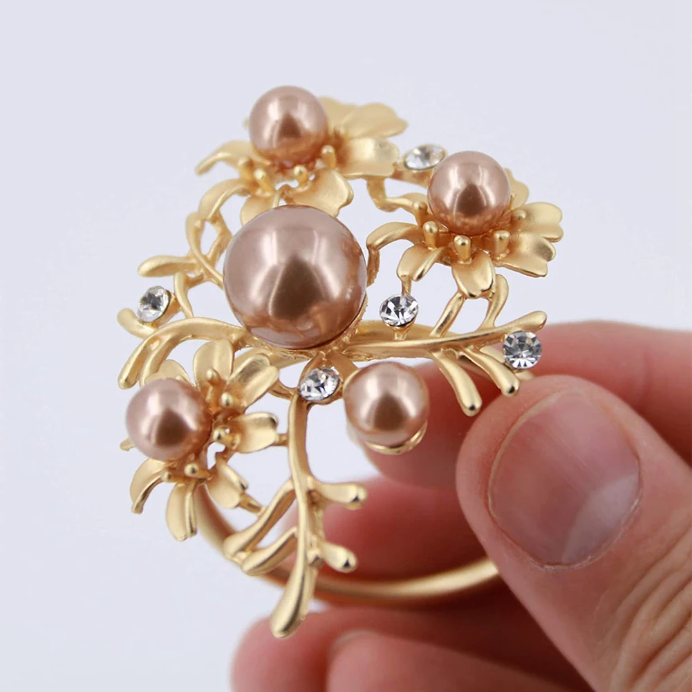 Wedding Holiday Gold Napkin Rings Set of 6 with Flowers Pearl Leaves Rhinestone Napkin Ring Party Decorations ​