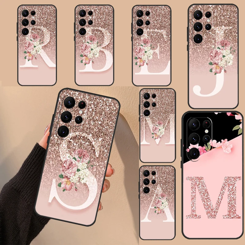 Etui Letter Pink Shiny M R do Samsung Galaxy S23 S22 S21 Ultra S20 FE S8 S9 S10 Note 20 10 Plus Soft Back Cover