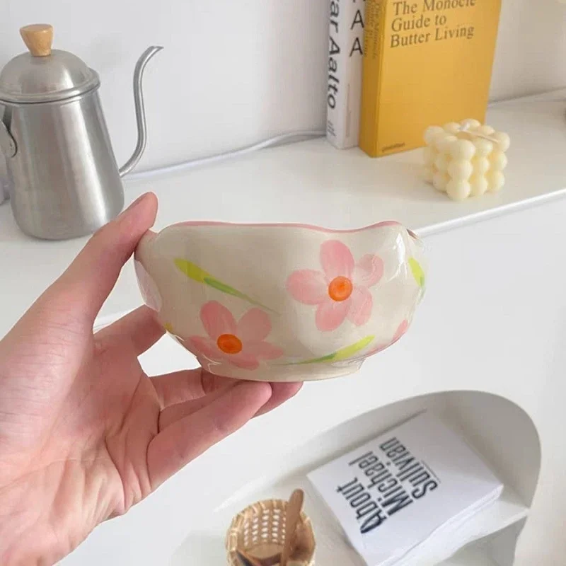 Creative hand pinched irregular ceramic bowl ins style girl heart lovely dessert yogurt bowl breakfast oatmeal bird\'s nest bowl