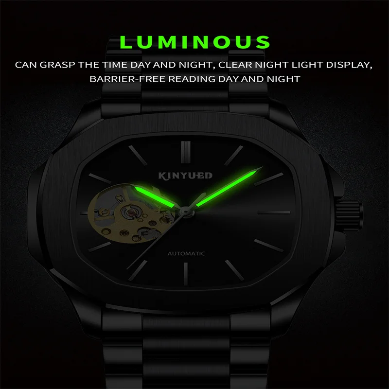 Kinyued Hot Sale Men Automatic Mechanical Watch Stainless Steel Strap Wrist Watches For Men Waterproof Luminous Hand Watch